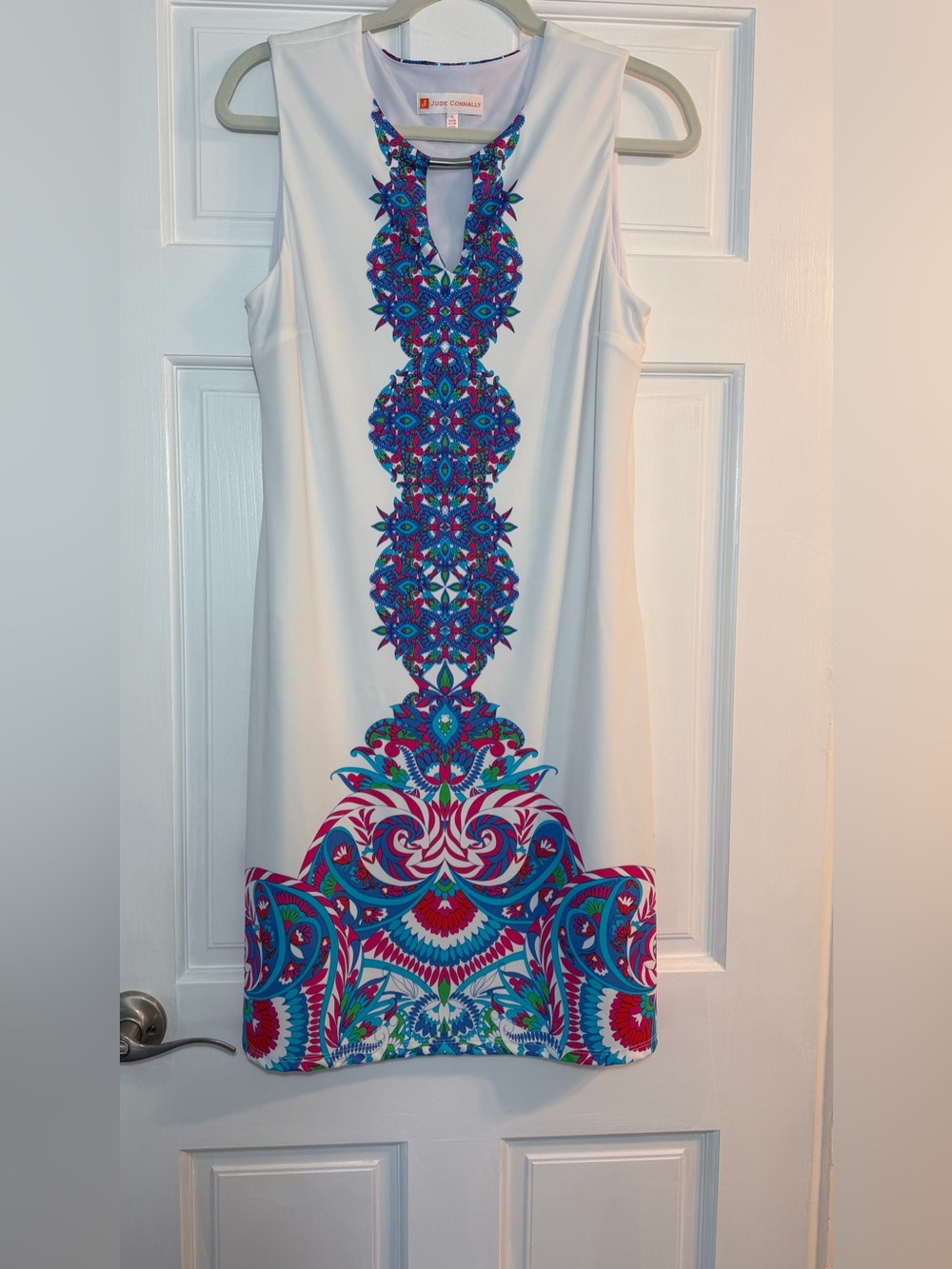 Jude Connally White Dress with Blue & Pink Geometric Panel